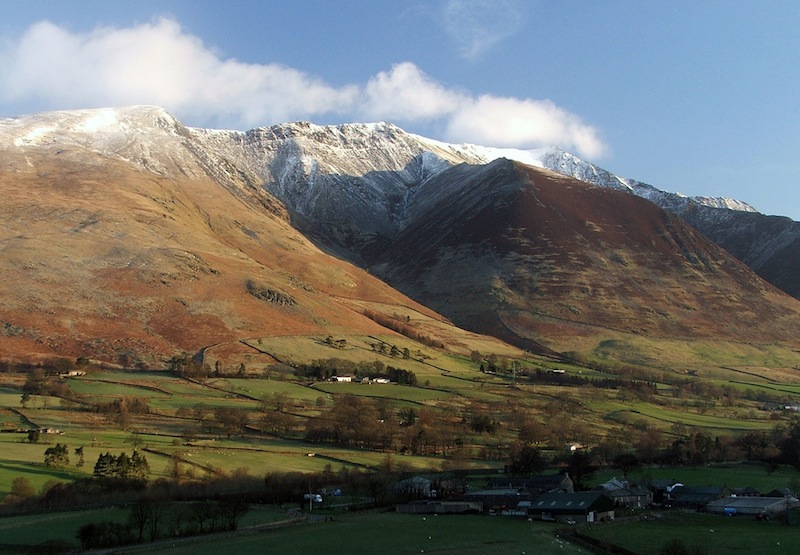 Photo of Blencthra from the south-west, with light snow
        on the summit