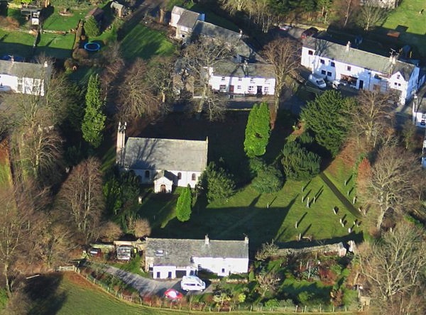 View of Threlkeld village
                centre, from the air